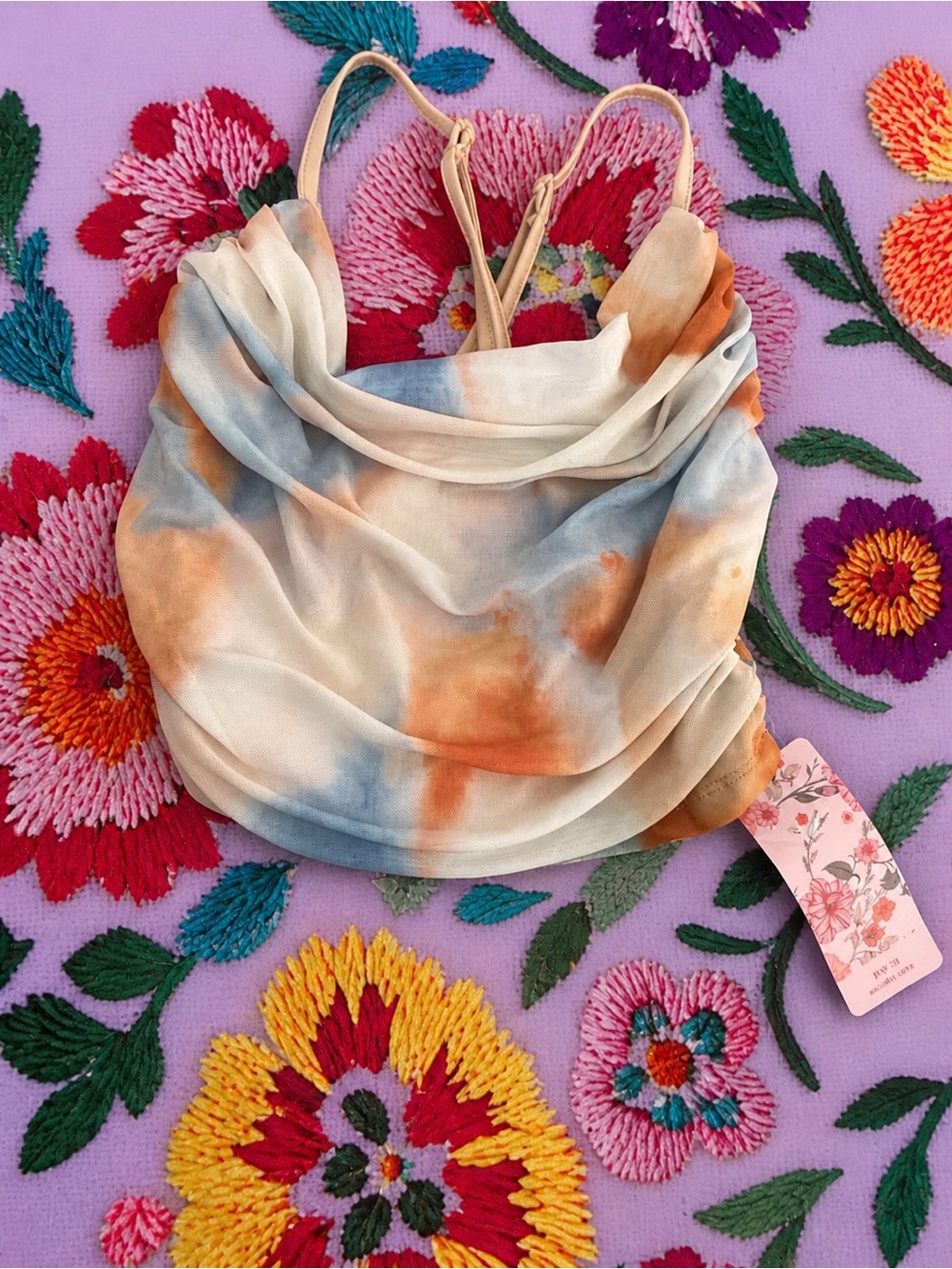 SHEIN Blue Cream Orange Tie-Dye Cowl Neck Crop Top